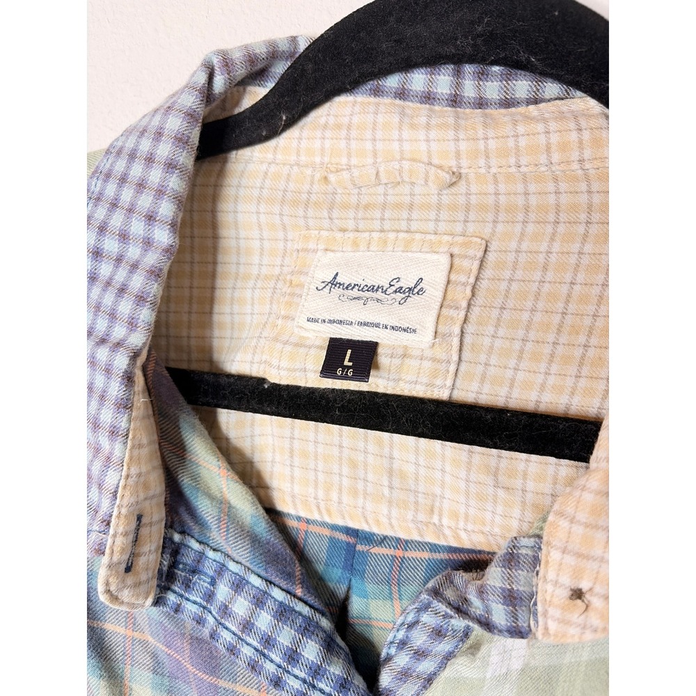 American Eagle Mixed Plaid Patchwork Cropped Button Down Flannel Large - Picture 2 of 10